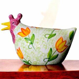 CBK Ltd Vintage Rooster Chicken Hand Painted Ceramic Yellow Tulip Pattern 1999
